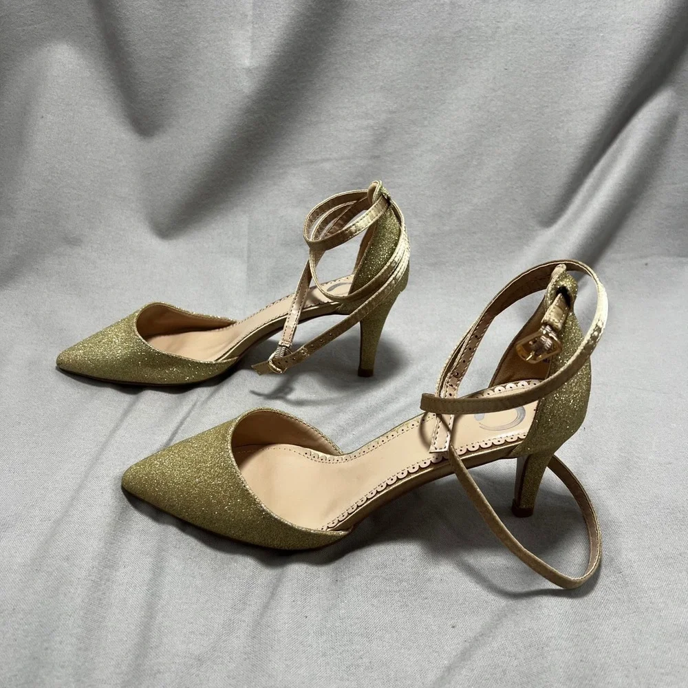 Journee Collection Leila Glitter Pumps D'Orsay Ankle Strap Heels Pointed Toe 6.5